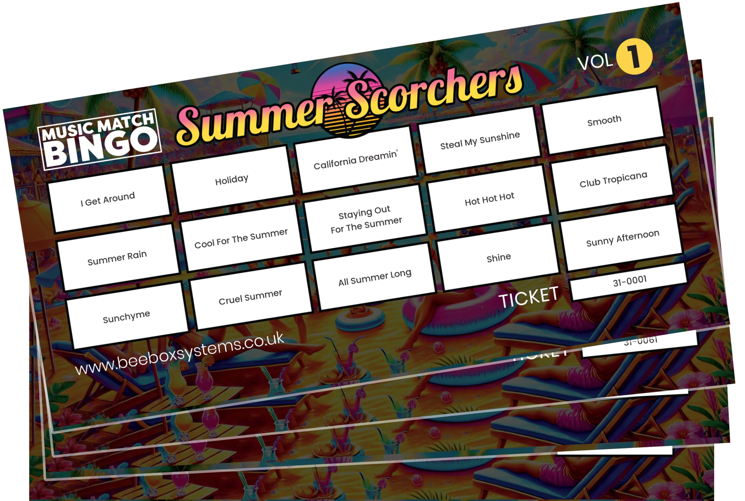 BeeBox Music Match Bingo Game Tickets, 120 Tickets Per Pack (Summer Scorchers Vol1)