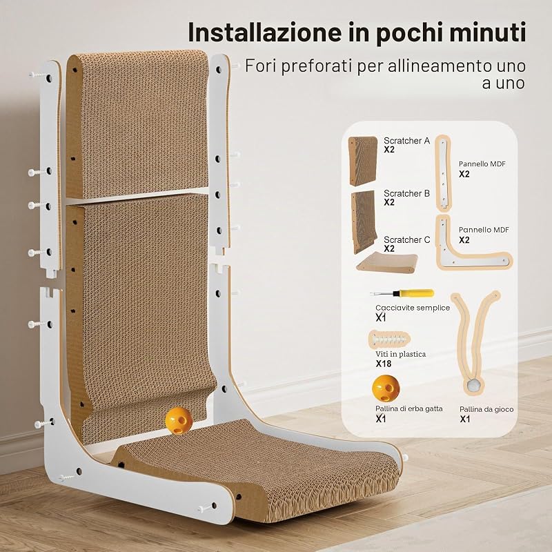 Tiragraffi alto 68 cm a forma di L con palla, cartone verticale antigraffio per gatti, resistente, giocattolo per la protezione di mobili e divani, grande
