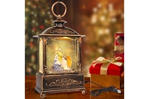 KOLEWO4EVER 10.8'' Christmas Snow Globe Lantern Snowman with Holiday Tree Musical LED Lighted Scene Water Swirling Glitter with 6H Timer,Battery & USB Powered for Christmas Home Decoration Gift (Jesus)