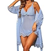 RSLOVE Women Sexy Lingerie Set 3 Piece Babydoll & Lace Kimono Robe Strap Chemise Sleepwear Mesh Nightgown
