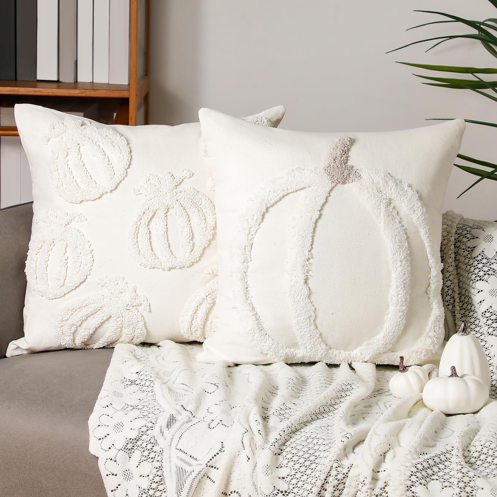 Photo 1 of Beeveer 2 Pcs Fall Pillow Covers 18 x 18 Inch Pumpkin Throw Pillow Covers Square Linen Pillowcase Halloween Decor Pillow Covers Seasonal Autumn Thanksgiving Harvest Decoration for Home Sofa Couch