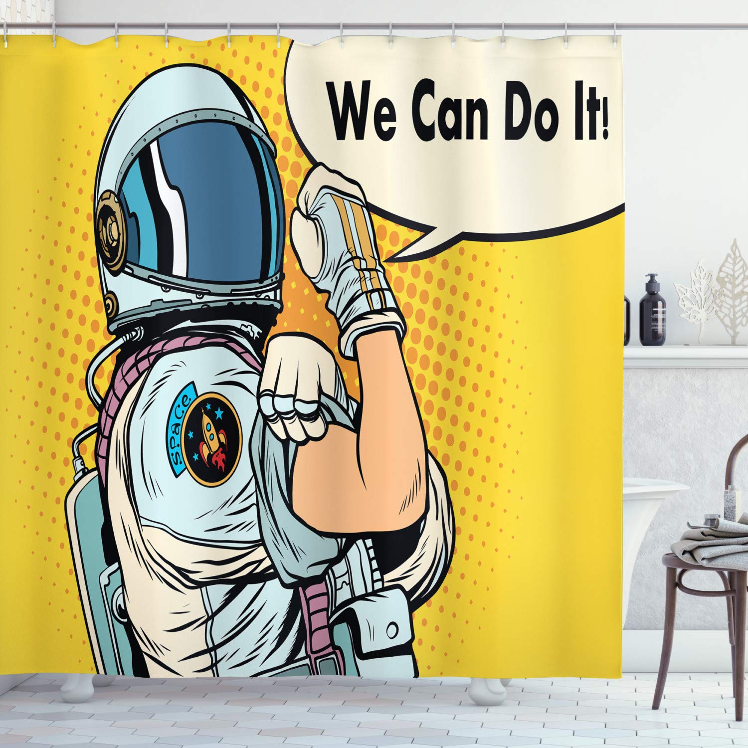 ABAKUHAUS Astronaut Shower Curtain, Astronaut Version of We Can Do It Feminism Science Space Corps Comic Character, Cloth Fabric Bathroom Decor Set with Hooks, 86 Inches Extra Long, Multicolor