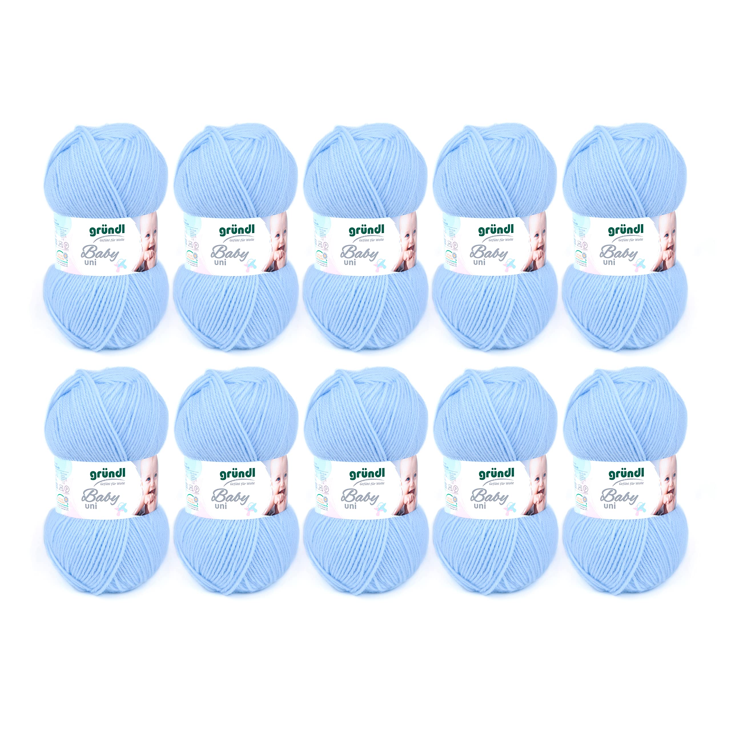 Gründl Baby Uni knitting/crochet yarn (hard wearing and easy-care, made of 70% polyacrylic and 30% polyamide, 50 g / 150 m, needle size: 3.5-4.5mm, 10 x 50 g), Pastel blue