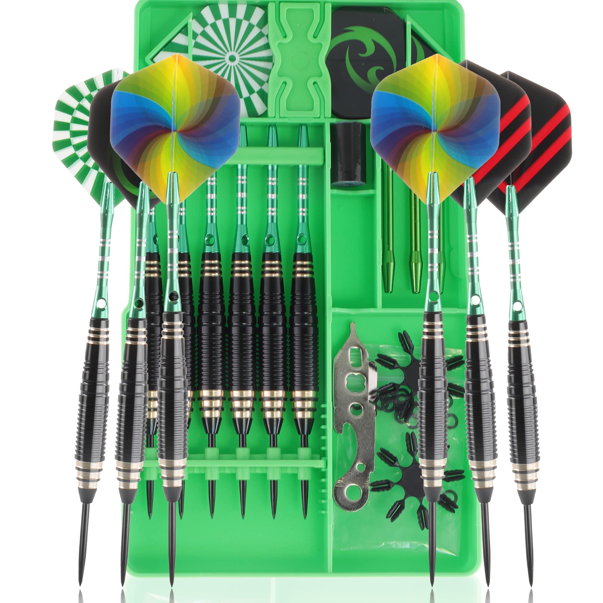 CareGames 6 Pack Steel Tip Darts, Professional 24g Metal Dart Set with 12 Dart Flights,9 Aluminum shafts,20 Rubber O-Rings,2 Protectors,Sharpener,Tools and Darts case,Beginner or Professional Darts