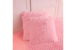 LIFEREVO 2 Pack Fluffy Faux Fur Pillow Shams,18 x 18 Inches Throw Pillow Covers,Luxury Decorative Furry Pillowcases Cushion Cover for Christmas,Zipper Closure,No Pillow Insert,Pink