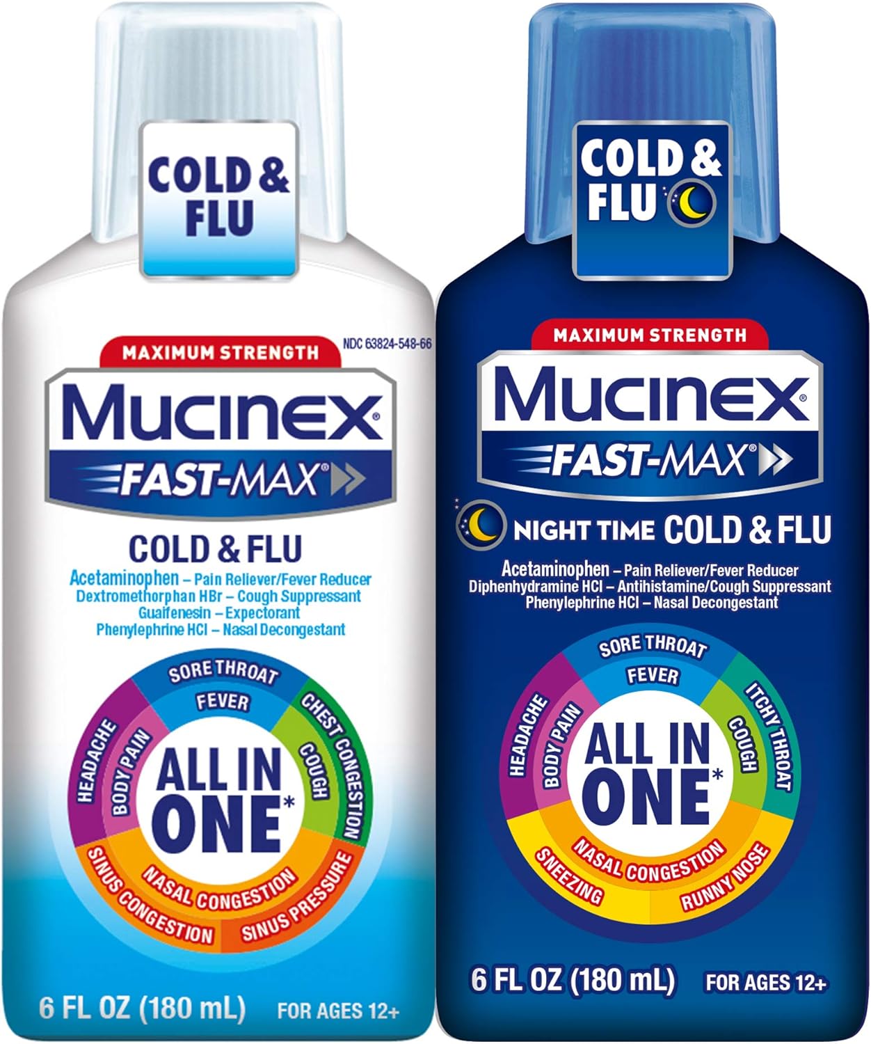 Cold Cough & Flu, Mucinex Fast-Max All in One Day/Night Time Cold & Flu Liquid 12oz (2x6oz) Relieves Headache & Fever, Controls Cough, Relieves Nasal & Chest Congestion, Thins & Loosens Mucus