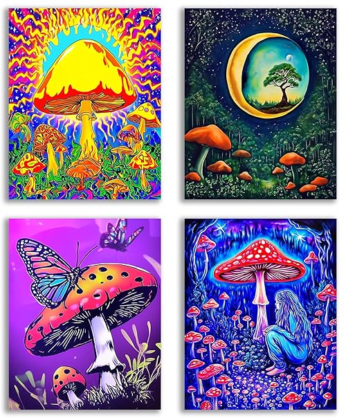 NIIORE Funny Mushroom Themed Wall Art, Vintage Aesthetic Poster Canvas Prints, Mushroom Moon Forest Butterfly Art Prints, Set of 4, 8x10 inches Unframed