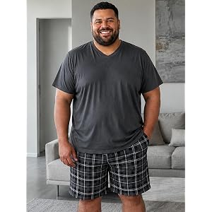 Men's Plus Size Pajama Set,V Neck Short Sleeve Sleep Shirt and Plaid Shorts, Soft Lounge Sleepwear for Home 2XL-6XL