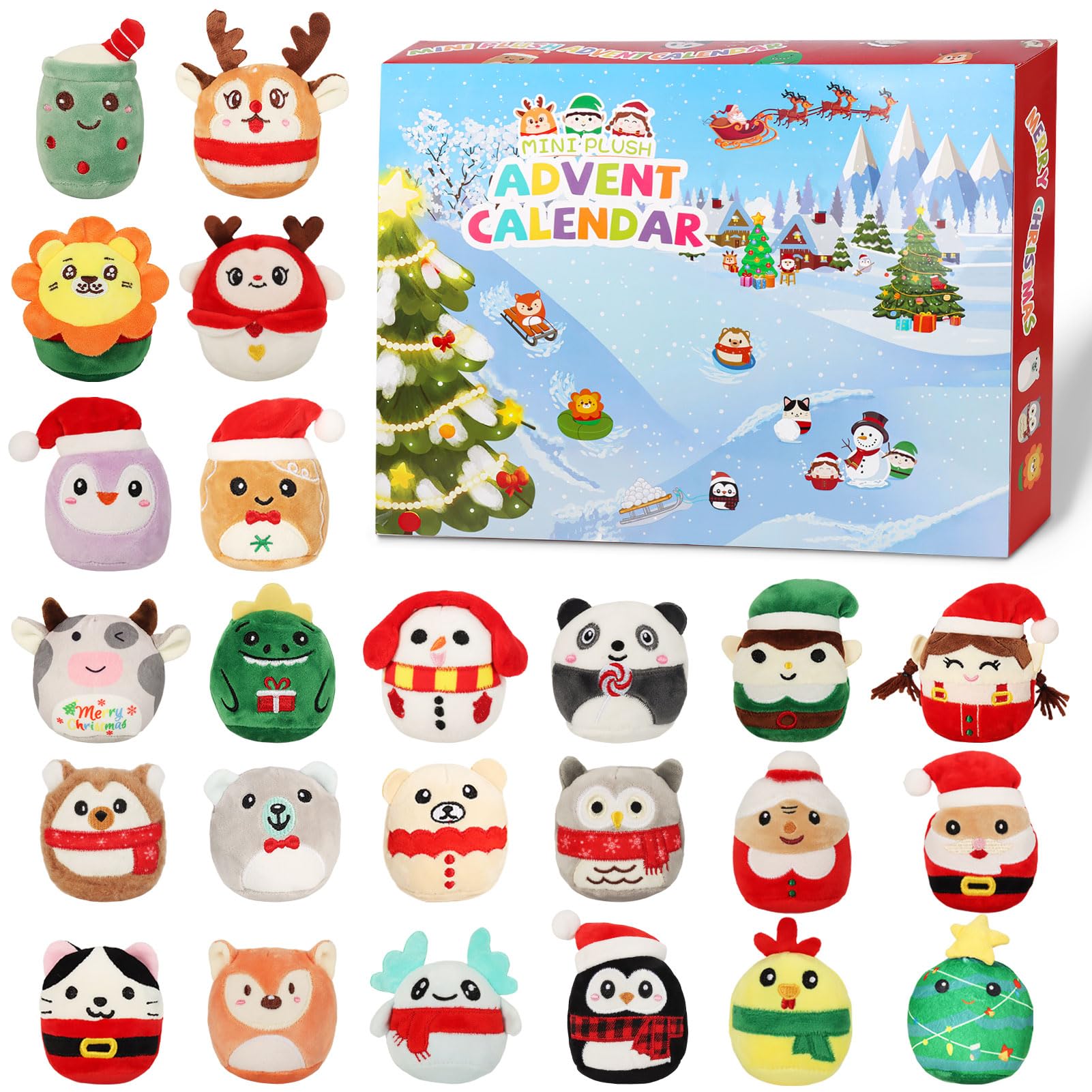 Christmas Advent Calendar 2025 with 24 Cute Mini Plush Toys (8 cm), 24 Days of Stuffed Animal Countdown, Soft Collectable Plushies Holiday Countdown Gift Set for Kids Teens and Adults