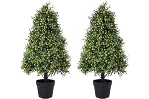 Azoco 30in Artificial Boxwood Topiary Trees (Set of 2) - UV Resistant Faux Plants Outdoor, Realistic 2.5ft Fake Cone Bushes and Shrubs for Front Porch, Planter, Patio - Low Maintenance & Evergreen