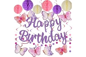 YEOCU Birthday Decorations, NO DIY, Pre-Strung Happy Birthday Banner with Honeycomb Balls, Hanging Swirls, Circle Dots Garland, Happy Birthday Party Decorations for Women Men Boys Girls (Purple)