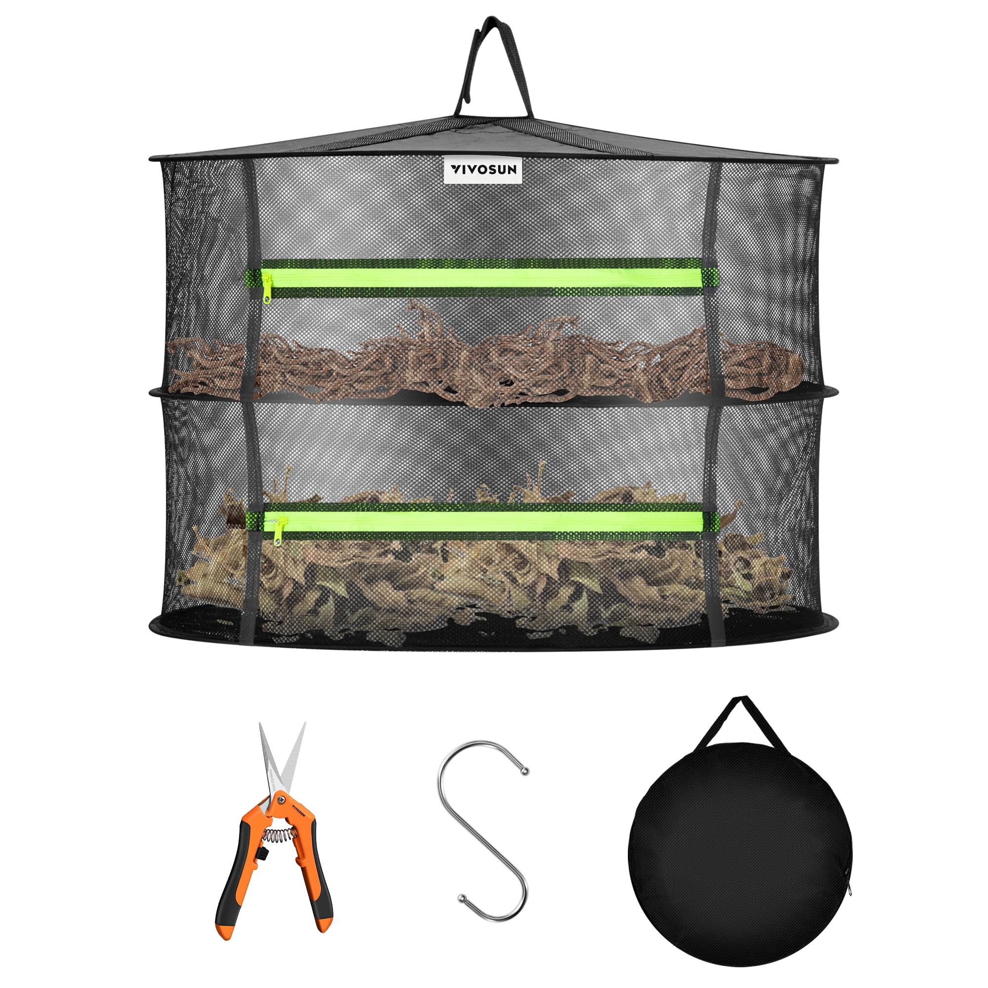 Photo 1 of VIVOSUN 2-Layer Mesh Drying Rack Hanging Design with Green Zippers for Dehydrating, Indoor and Outdoor Pruning Shears Included
