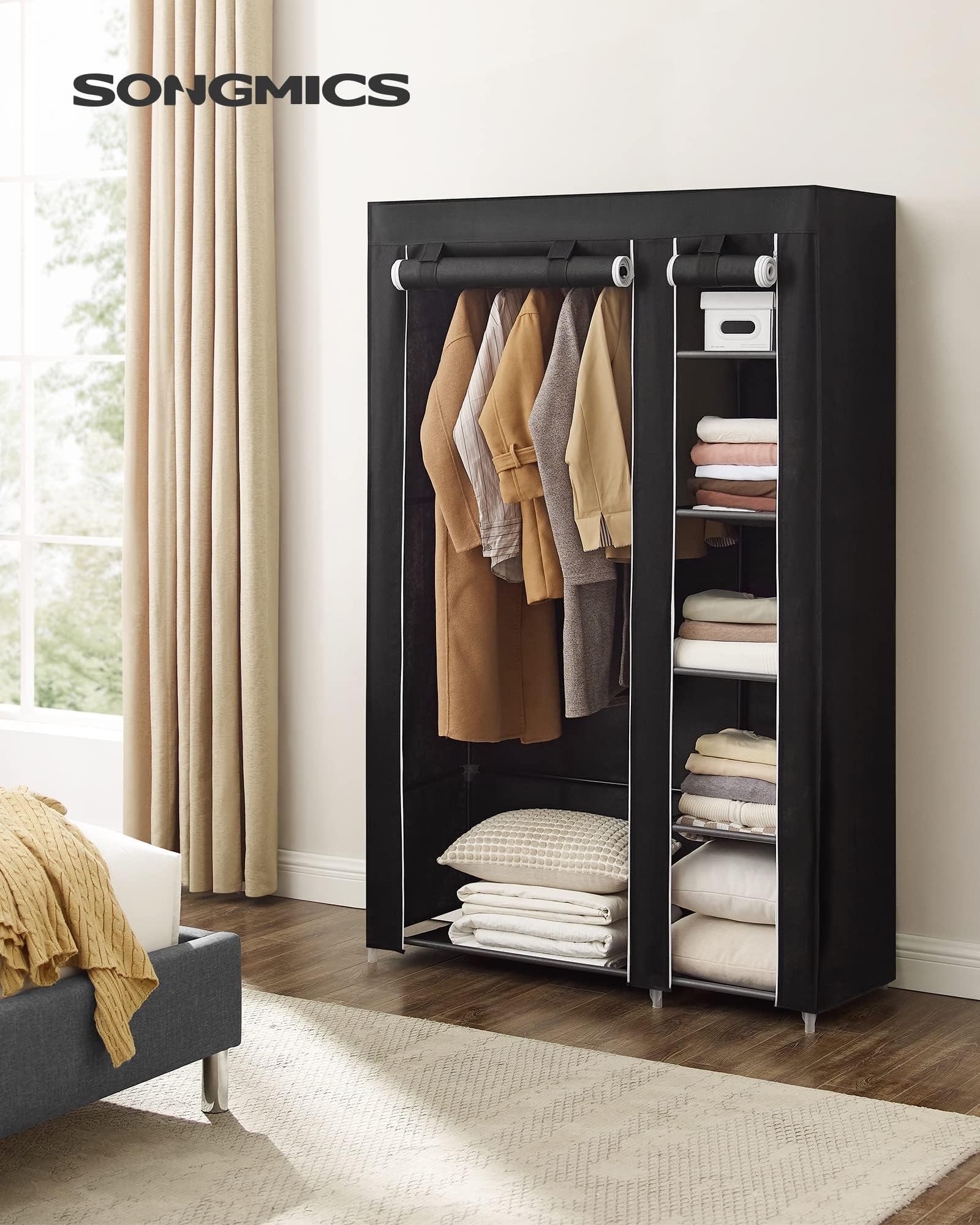 SONGMICS Stoffschrank, XL, Kleiderschrank, Faltschrank, Campingschrank mit Kleiderstange, 110 x 175 x 45 cm, schwarz, LSF007 2