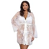 ohyeah Women Black Lace Kimono Robe Plus size Lingerie Robe Sheer Mesh Chemise Nightgown Babydoll Lace Lingerie