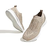 BELOS Women's Rhinestone Mesh Slip On Walking Shoes Fashion Breathable Spakle Glitter Sneaker