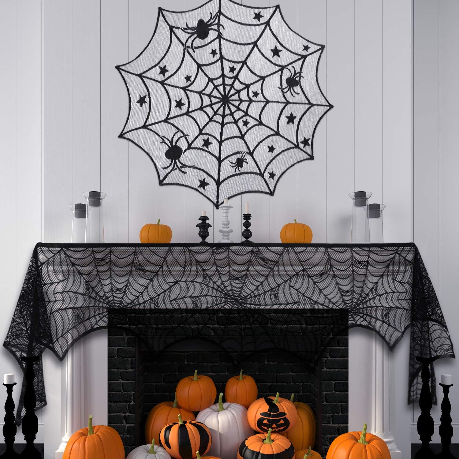 35 Pieces Halloween Decorations Set Include Lace Spider Web Table Runner, Round Lace Table Cover, Fireplace Mantel Scarf and 32 Pieces 3D Bats Wall Sticker Decal: Kitchen & Dining