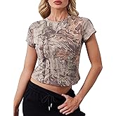 Eutten Womens Camo Crop Top Crew Neck Short Sleeve T Shirts Slim Fitted Maple Leaf Print Graphic Tee Streetwear
