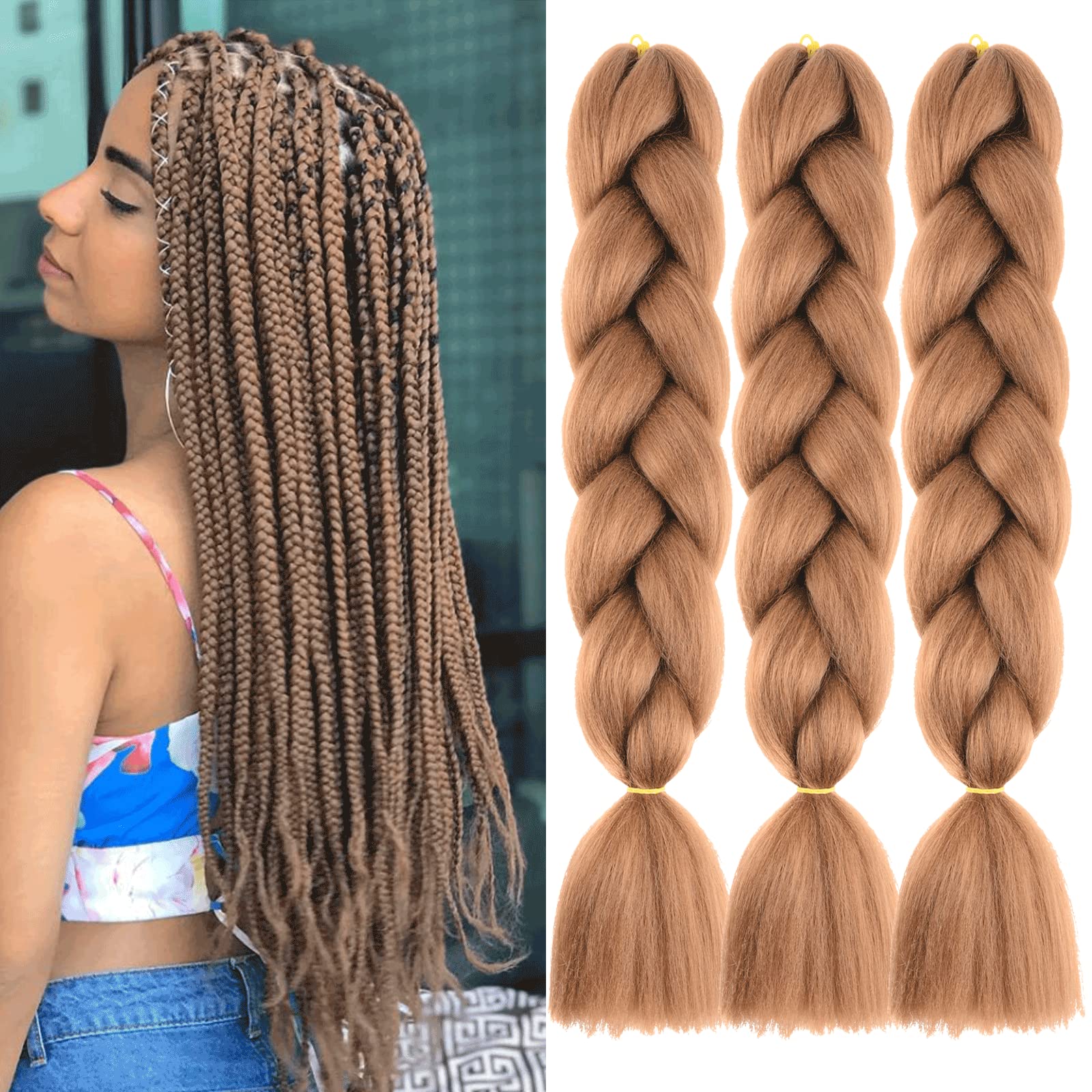 Xtrend 24 Inch 3Packs Dark Brown Jumbo Braid Hair for Box Braids Crochet Hair Long Synthetic Braiding Hair Extensions High Temperature Crochet Braids for Women (3packs, 30#) — image 1