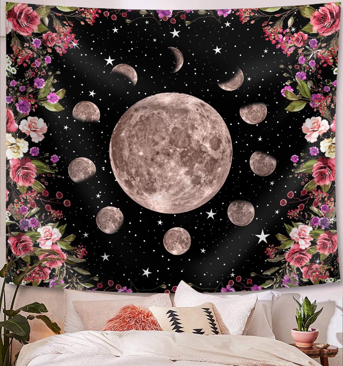 OCCIGANT Moonlit Garden Tapestry Wall Hanging Celestial Moon Phase Surrounded by Watercolor Colorful Vines and Flowers Starry Sky Night Wall Art Blanket for Living Room Bedroom Dorm Room.