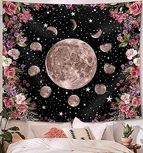 OCCIGANT Moonlit Garden Tapestry Wall Hanging Celestial Moon Phase Surrounded by Watercolor Colorful Vines and Flowers Starry Sky Night Wall Art Blanket for Living Room Bedroom Dorm Room.