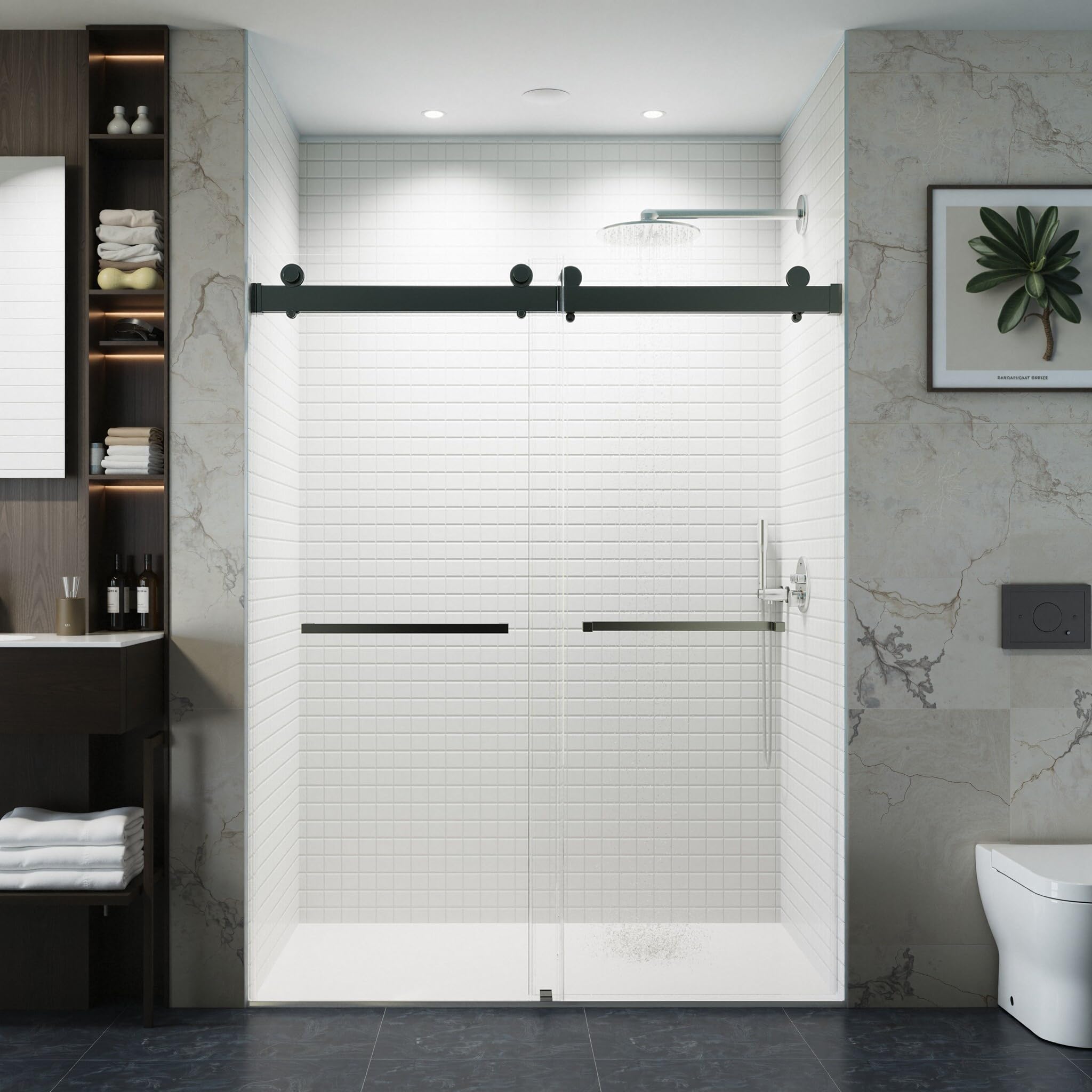 Photo 1 of **GLASS ONLY NO SIDDINGS OR WHEELS** LINKHOO 56-60" W x 76" H Frameless Shower Door, Soft-Close Double Sliding Shower Doors with 3/8" (10mm) Clear SGCC Tempered Glass and Stainless Steel Handle, Matte Black