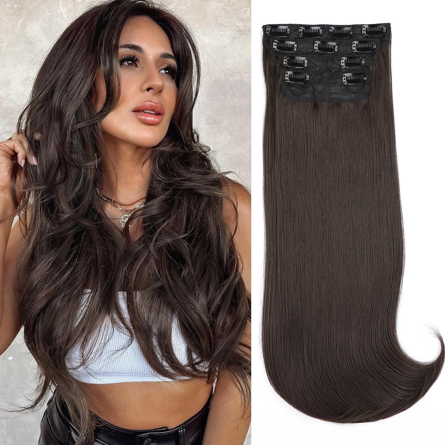 Mscat Clip-in Hair Extensions - 4pcs Synthetic Thick Long Straight Layered Hair Extensions - Invisible Lace Weft - 20 Inch (56#)