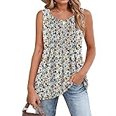 Zeagoo Women's Summer Tank Tops 2026 Pleated Crew Neck Floral Solid Loose Fit Casual Sleeveless Flowy Boho Tunic Shirts