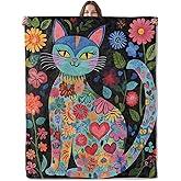 Lugiu Colorful Cat Blanket, Lightweight Comfy Bright Floral Kitten Blankets for Couch Sofa Bedroom, Soft Plush Travel Flannel Folk Art Throw Blanket Gifts for Adults Kids Women, Home Decor 60×50in
