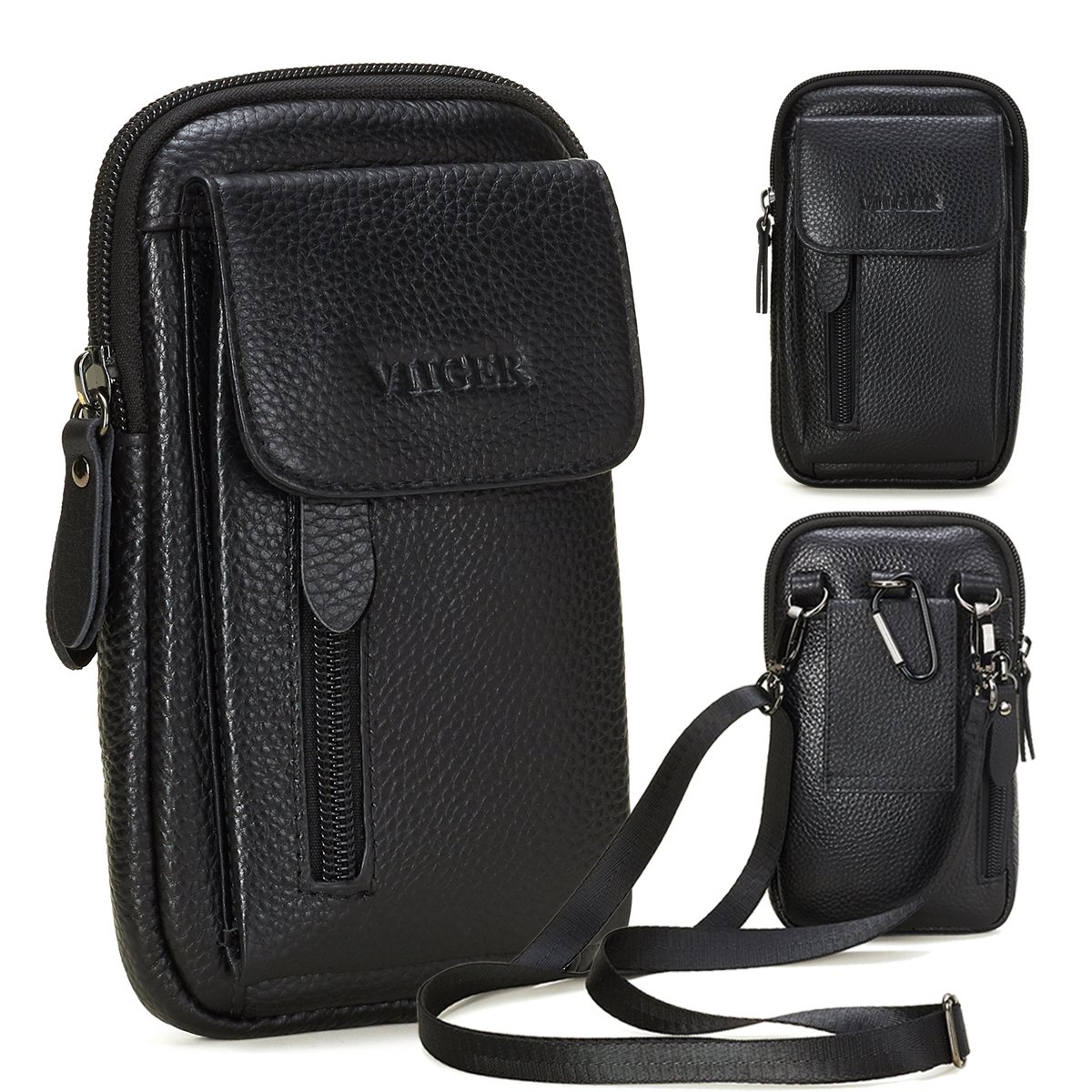VIIGER Leather Cell Phone Shoulder Holster Compatible with iPhone 17 Pro Max 16 Pro Max S25 Ultra S24 Ultra Large Multi-pocket Crossbody Phone Bag Smartphone Pouch with Belt Loop Clip for Women, black