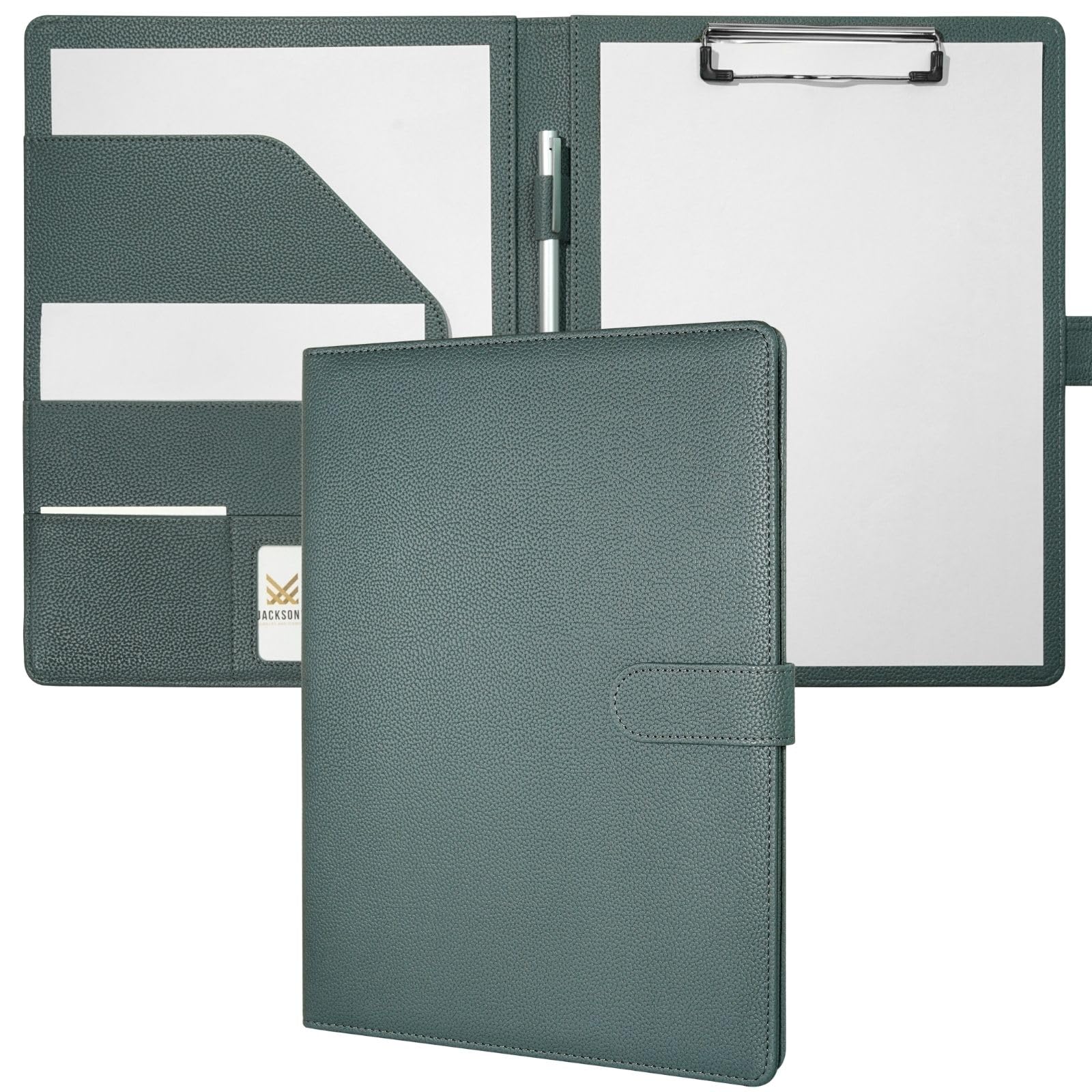 Mymazn A4 Clipboard Folder Conference Folder, Faux Leather Clipboard with Cover for Legal Pad, Portfolio Folder A4 Clip Board with Storage, Organiser for Business (Grey Green)