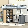 Full Loft Bed with Desk and 6 Storage Shelves, Wood Loft Beds Frame with Bookcase and Writing Board, Modern High Loft Bed for Kids Boys Girls Teens, Full Size, Grey