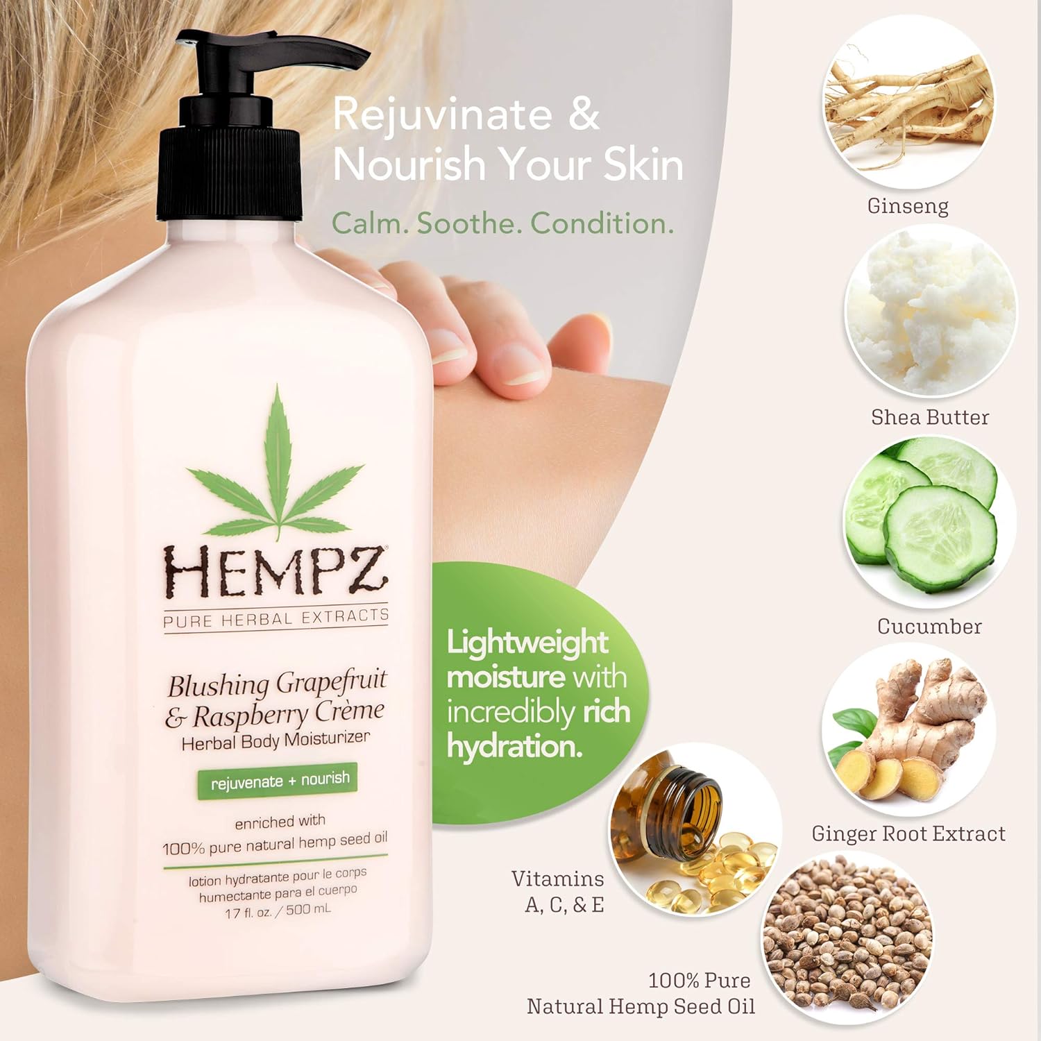 Hempz Blushing Grapefruit & Raspberry Creme Herbal Body Moisturizer Lotion - Fruit Body Cream - Pure Hempseed Oil, Shea Butter, Ginseng, Natural Extracts, Vitamins A, C, and D, Cucumber Extract : Beauty