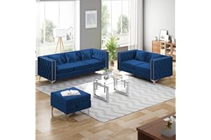 ZAFLY Sofa Set 3 PCS, Velvet Sectional Couches for Living Room, L-Shaped Couch with Storage Ottoman, Comfy Couch with Solid Wood Frame, 3-Seat Sofa + Loveseat + Storage Ottoman(Blue)