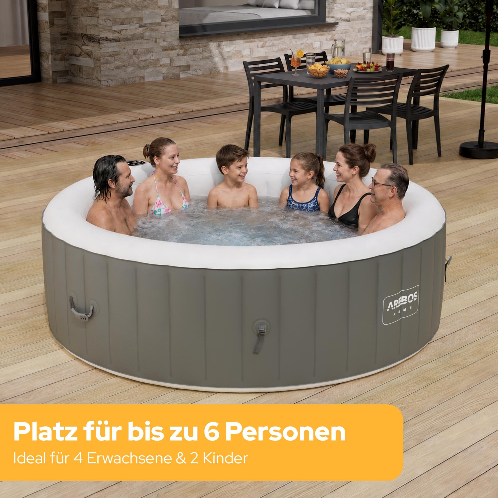 Arebos Whirlpool | aufblasbar | In- & Outdoor | 6 Personen | ⌀ 208 cm | 130 Massagedüsen | mit Heizung | 1.000 Liter | Inkl. Abdeckung | Bubble Spa & Wellness Massage 5