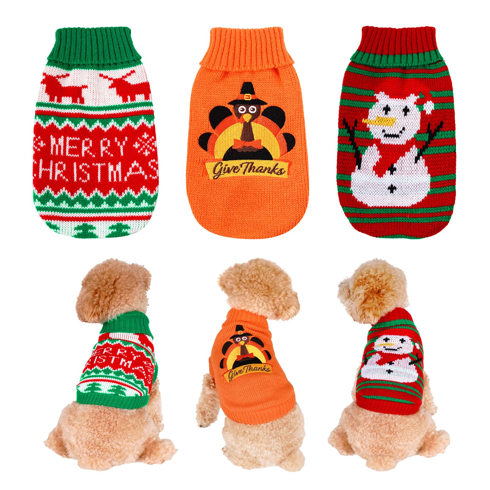 Photo 1 of 3 Pack Christmas Thanksgiving Dog Cat Sweaters Turkey Snowman Puppy Knitted Sweaters Turtleneck Knitwear for Small Dogs Cats,L