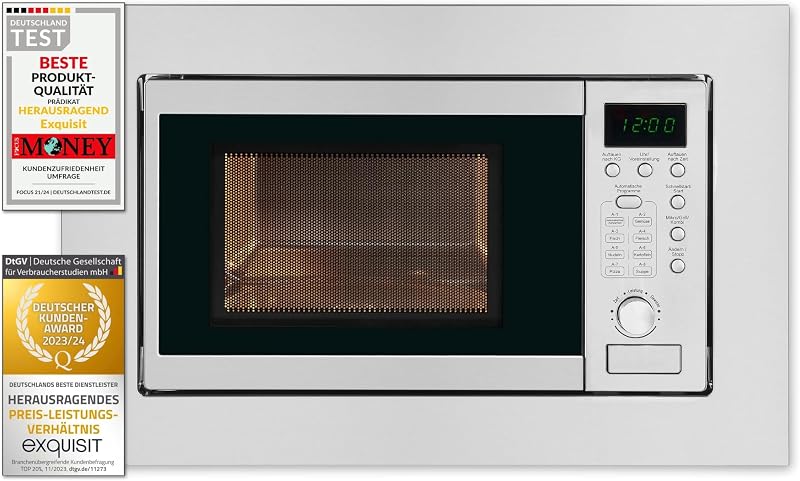 Microondas de Encastre, 20L, 800W, Grill 1000W, Acabado Acero Inoxidable, Temporizador Digital, Luz Interior, Plato 24,5Cm, Medidas 35,5x46,5x34 Cm.