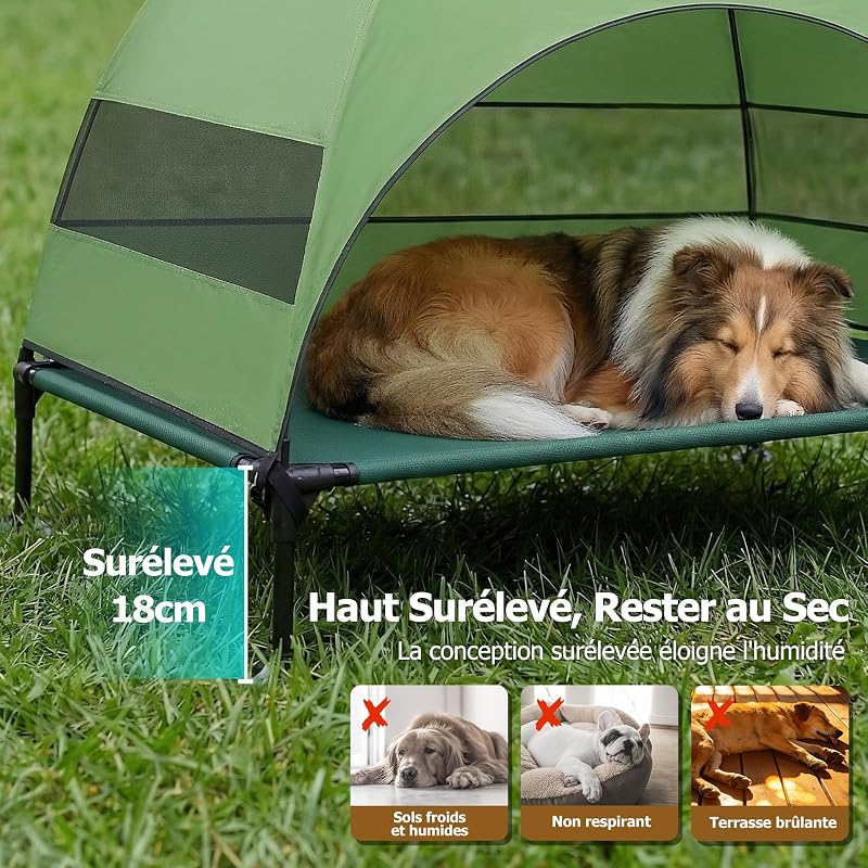 Panier pour Chien Surélevé avec Toit, Pliable avec Pieds Antidérapants, Tente d'extérieur avec Grande Ombre, Lit Rafraîchissant pour Chien, pour Camping, Jardin, Plage et Piscine (Vert, L)