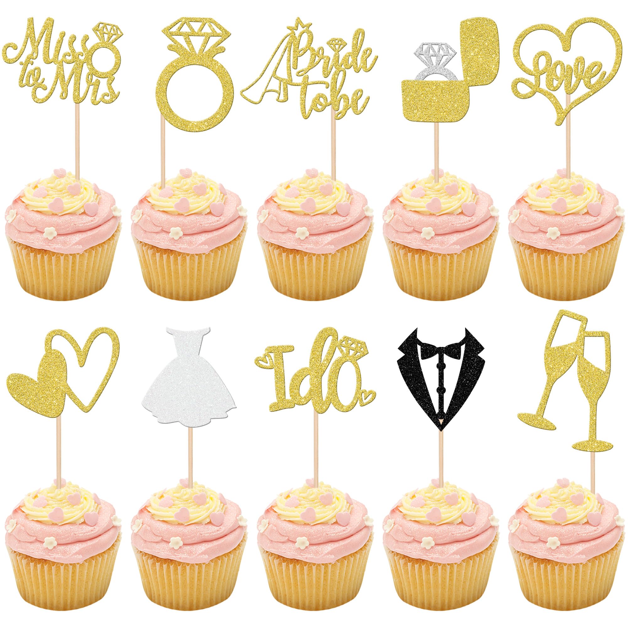 30 PCS Bride to Be Cupcake Toppers Glitter Wedding Cupcake Toppers I Do Love Heart Ring Miss to Mrs Cupcake Picks for Bridal Shower Wedding Engagement Party Cake Decorations Supplies Gold