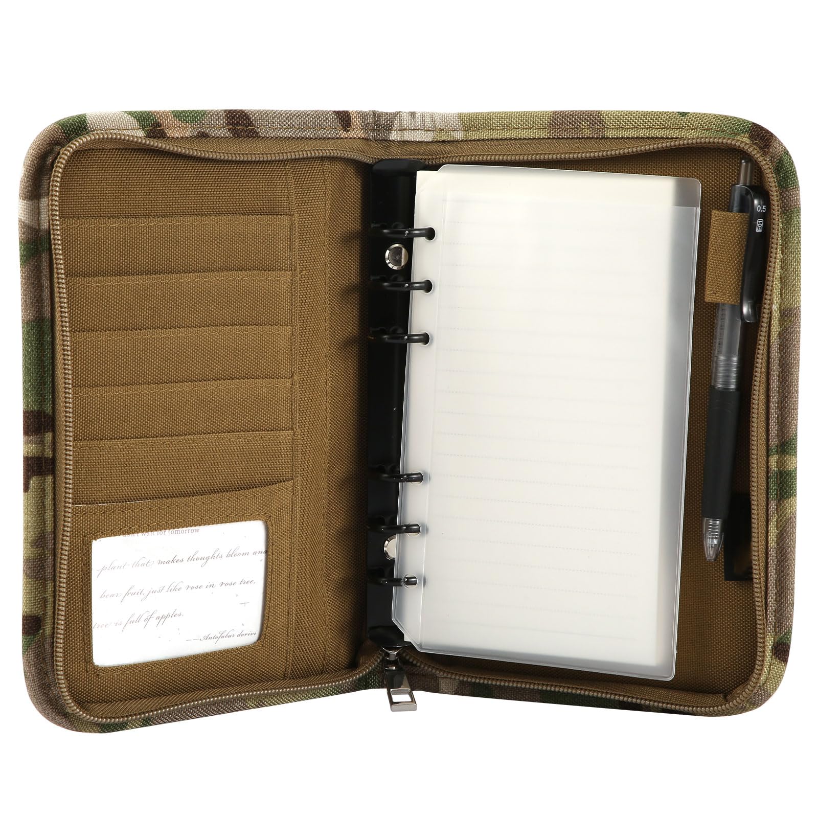 Military Army Camouflage Notebook Portfolio Organizer - Zippered Detachable A6 6 Ring Binder for Men Women Business Cards