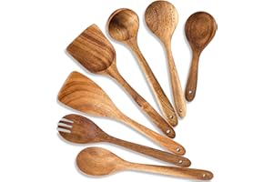 Kitchen Utensils Set, 7-Piece Acacia Wooden Spoons for Cooking Includes Spatula, Soup Ladle, Serving Spoons, Strainer Scoop, 