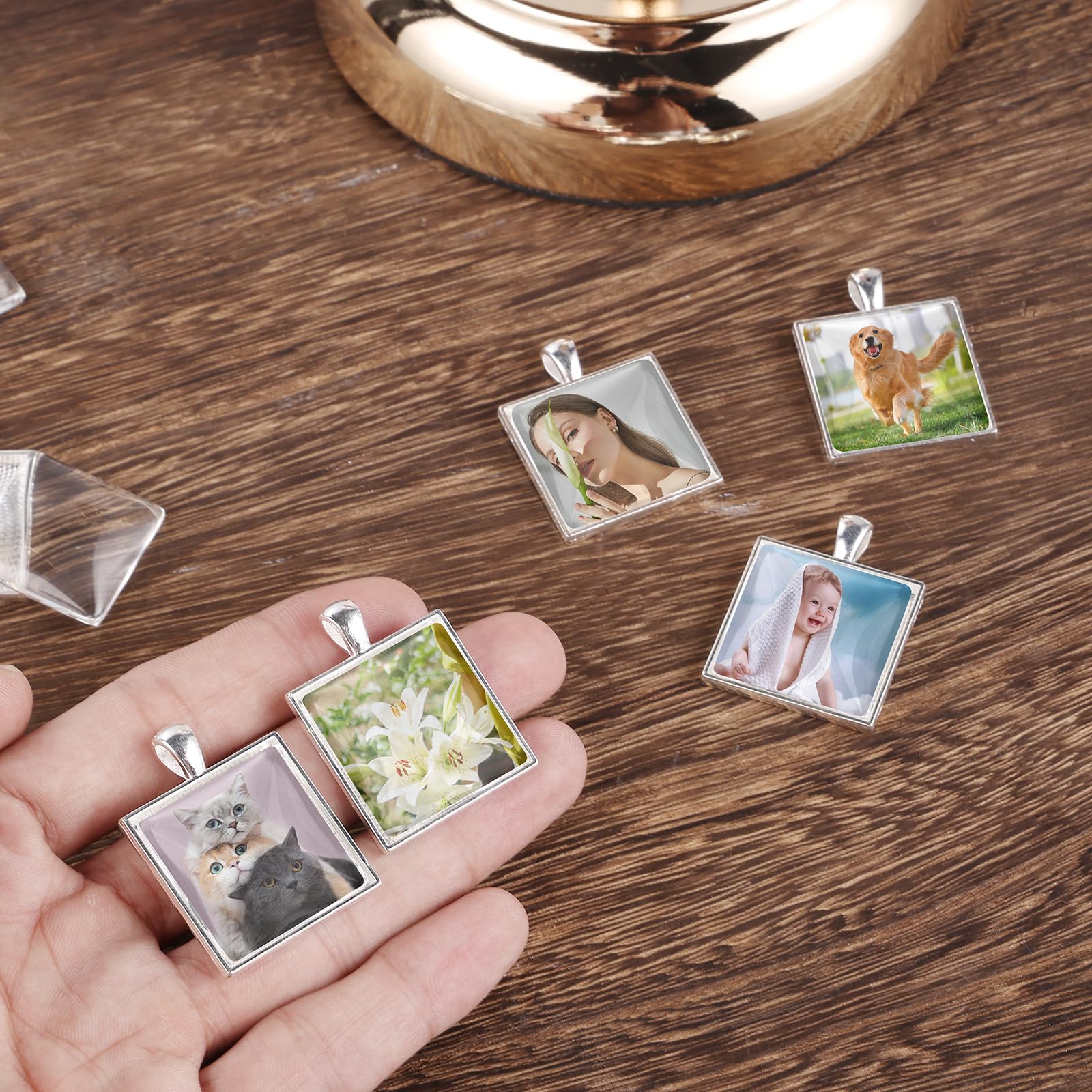 40 Pcs Square Bezel Pendant Trays with Glass Dome Cabochon 25 mm Blanks Bezel Cabochons Set for Jewelry Making,Photo Pendant,Resin Craft, Simple Edge
