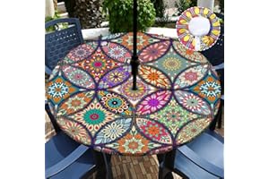 Buwuta Outdoor Tablecloth with Umbrella Hole and Zipper Waterproof Round Patio Table Cover Wipeable Round Outdoor Tablecloth for Patio Tables for Outside, Picnic, Garden