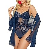 Avidlove Women Sexy Lingerie Set 2 Piece Sheer Kimono Robe with Lace Teddy Lingerie Bodysuit