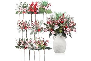 Solsew 16 Pcs Christmas Pine Cones Picks Artificial Berries Sprays Branches Faux Greenery Floral Stems Snowy Holly Pine Needles for Xmas Tree Wreath Garland Craft Decor(Candy Style)