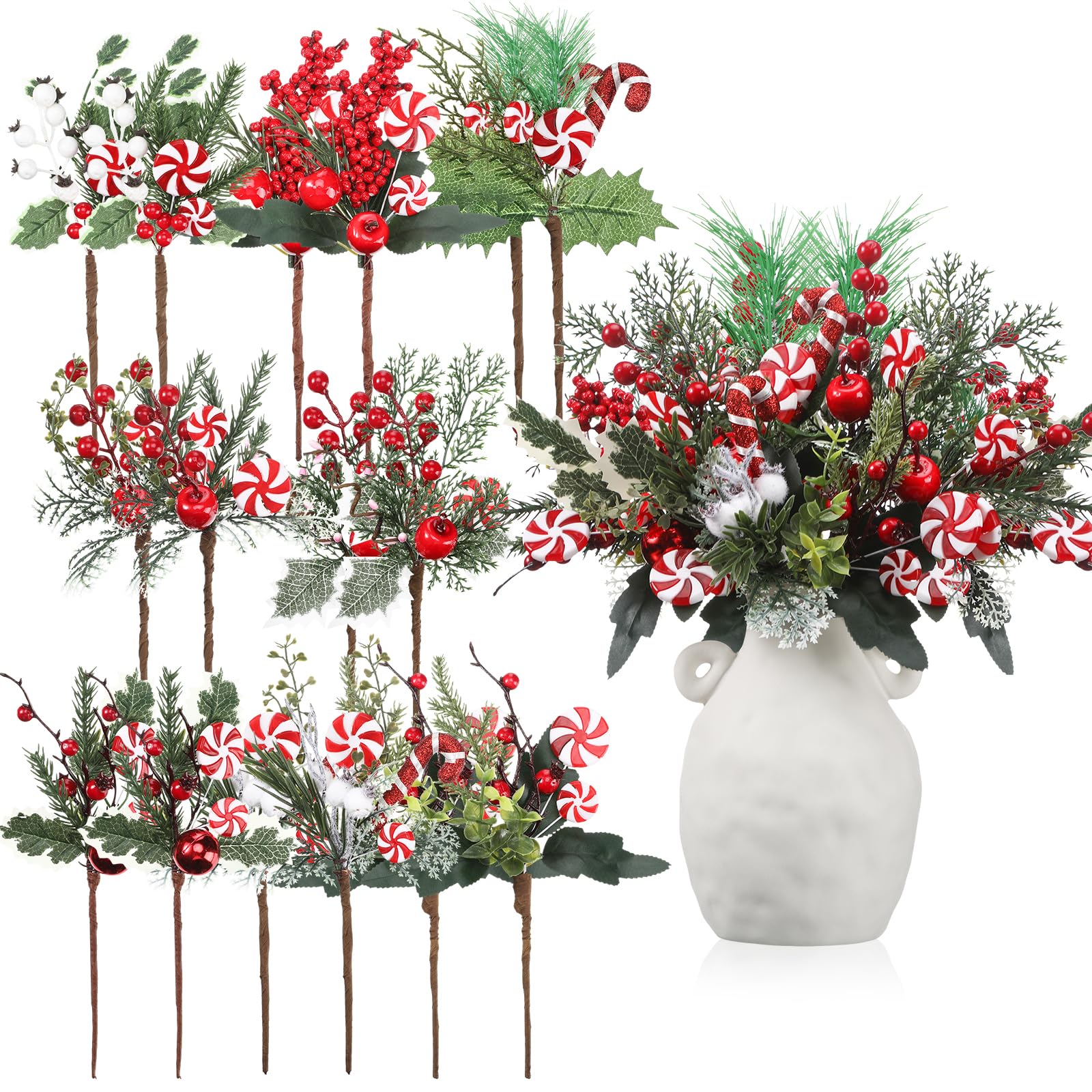 Photo 1 of Solsew 16 Pcs Christmas Pine Cones Picks Artificial Berries Sprays Branches Faux Greenery Floral Stems Snowy Holly Pine Needles for Xmas Tree Wreath Garland Craft Decor(Candy Style)