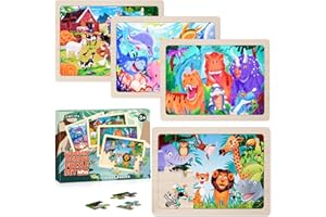 RDFMY Wooden Peg Puzzles for Toddlers 3-5 Years Old, Educational Preschool Peg Puzzles Toy,4 Packs Wooden Jigsaw Puzzles,Dinoasur Farm Zoo Sea Animals,Birthday Xmas Gift for 3+ Years Old Boys Girls