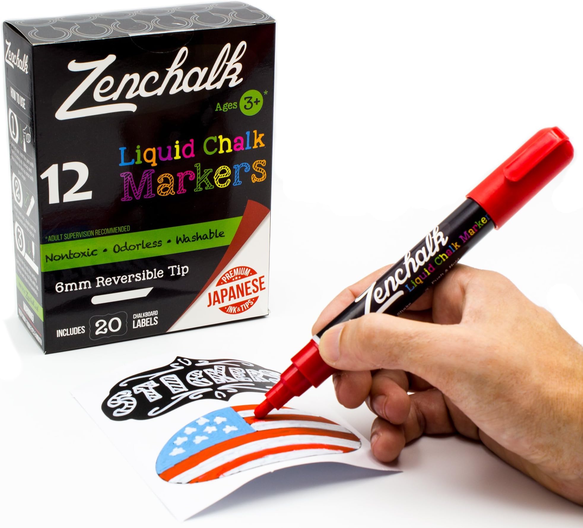 Chalk Pens, Erasable Liquid Chalk Markers (12 Vibrant Colors) by Zenchalk, Nontoxic & Washable with Imported Japanese Ink & 6mm Reversible Tips with 20 Bonus Chalkboard Stickers
