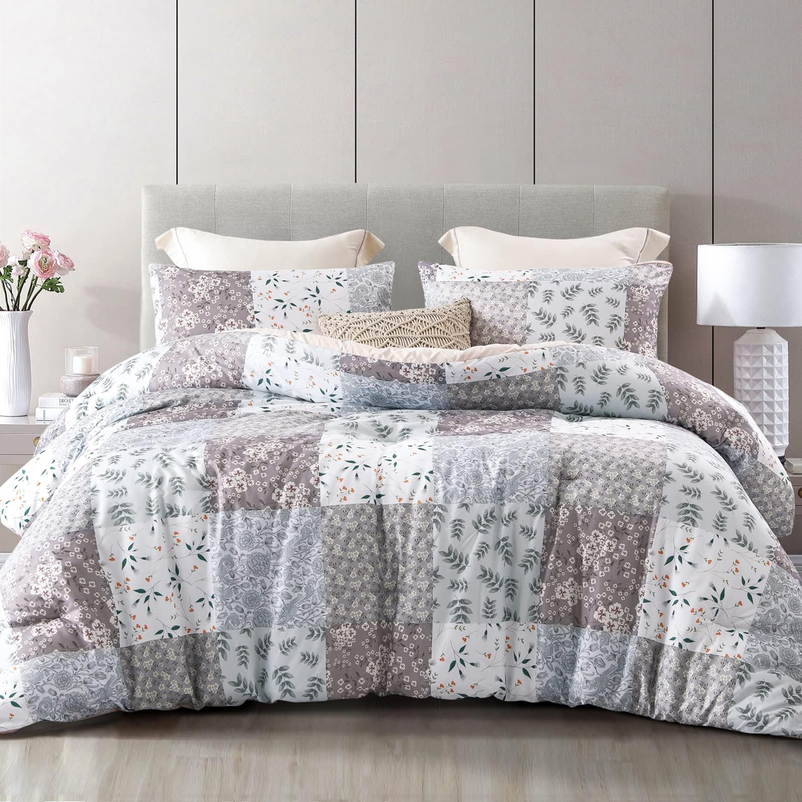 Whale Flotilla Double Size Coverless Duvet Set 7.5Tog, Patchwork Floral Bed Cover Bedding Comforter Duvets Sets for All Seasons, Machine Washable, 200×200CM, Grey