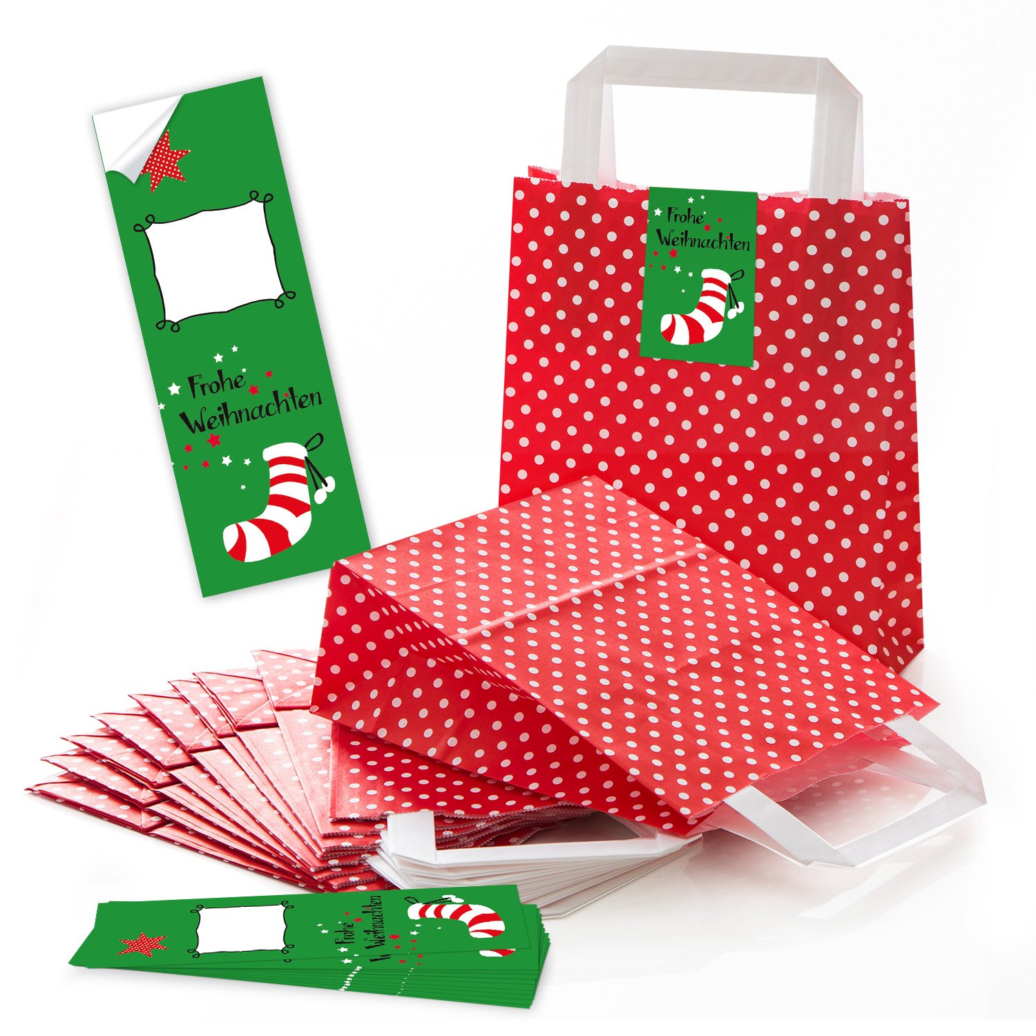 25 x Red, White Polka Dot Paper Bags Gift Bags Christmas Bags with Base (18 x 8 x 22 cm Small Paper Christmas Stickers Sleeve Color Merry Christmas Christmas Stocking