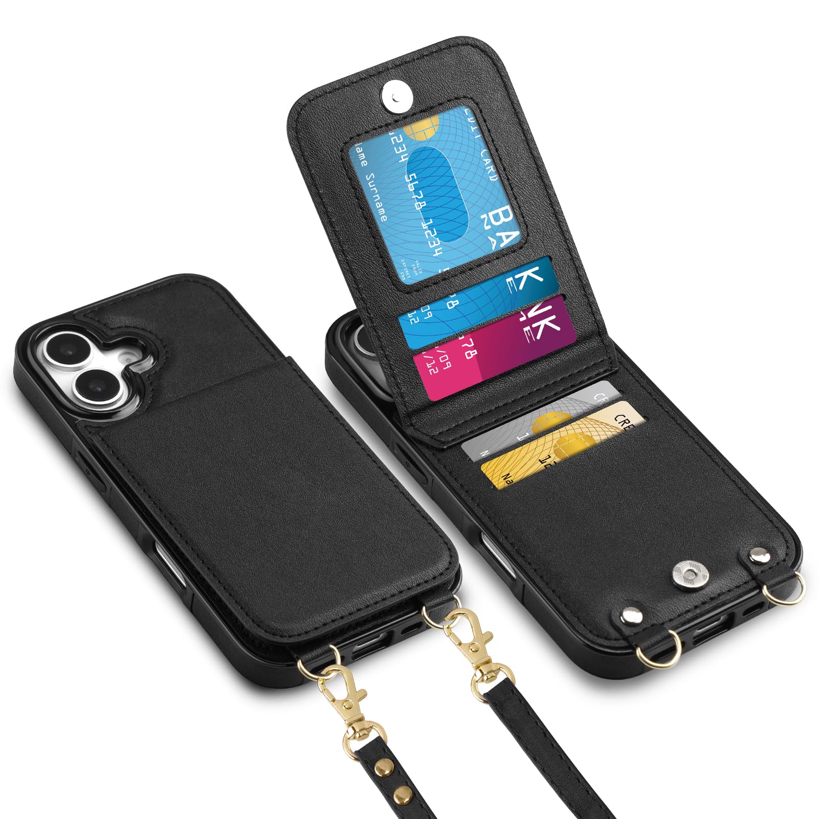 Vofolen for iPhone 17 Wallet Case with Card Holder Crossbody Adjustable Strap Magnetic Clasp Heavy Duty Protective Leather Flip Phone Cover for i Phone 17 for Women, Black